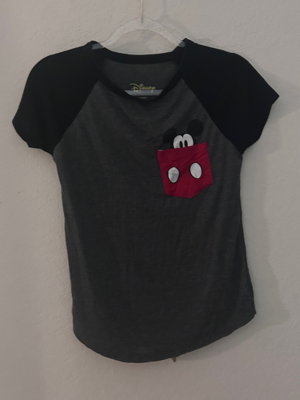 Disney Short Sleeve Grey & Black Tee with Red Mickey Pocket